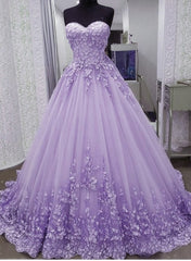 Glam Light Purple Sweet 16 Gown Tulle with Lace Applique, Lavender Tulle Formal Gowns