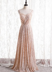 Gold Sequins Sweetheart Simple Spaghetti Straps Long Party Dress, Sequins Prom Dress Bridesmaid Dress