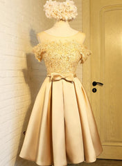 Golden Satin Lace Off Shoulder Short Homecoming Dresses, Knee Length Party Dresses