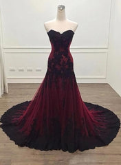 Gorgeous Black and Wine Red Mermaid Long Evening Gown Party Dress, Sweetheart Lace Formal Dresses