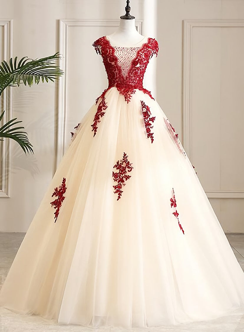 Gorgeous Champagne Tulle Long Sweet 16 Dress with Red Lace, Formal Gown