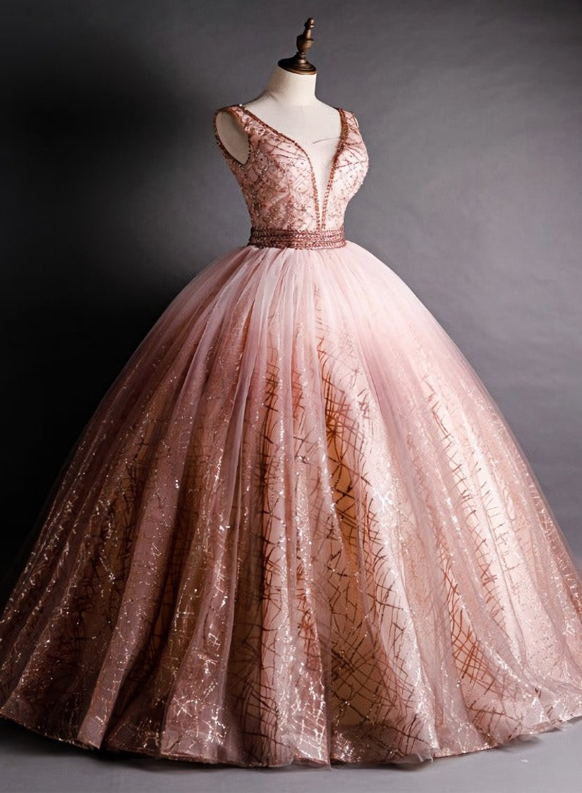 Gorgeous Pink V-neckline Beaded Ball Gown Formal Dresses, Pink Sweet 16 Dresses