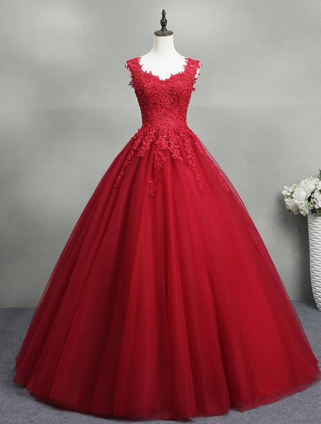 Gorgeous Red Ball Gown Sweet 16 Gown, Red Tulle with Lace Applique Party Dresses