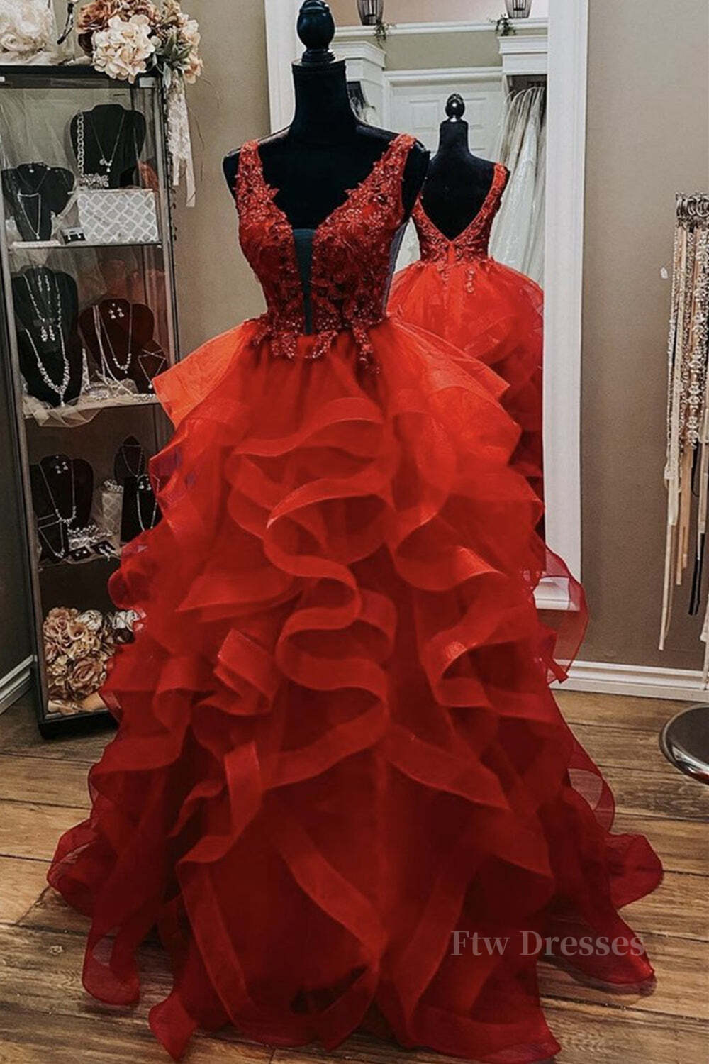 Gorgeous V Neck Open Back Red Lace Long Prom Dress, Red Lace Formal Evening Dress, Red Ball Gown