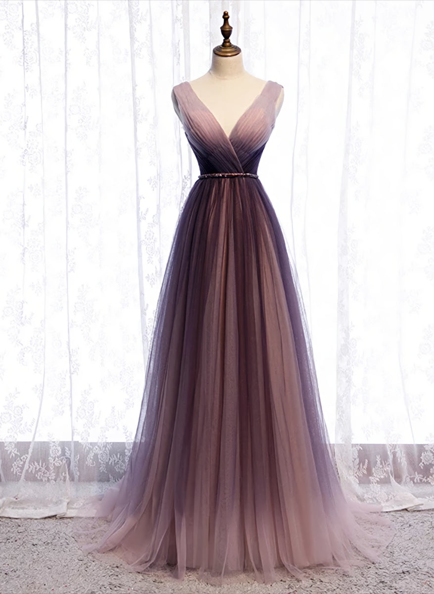 Gradient V-neckline Tulle Long Prom Dress Party Dress, Gradient Evening Gown