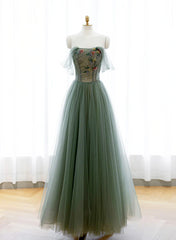 Green A-line Tulle with Lace Applique Long Formal Dress, Green Prom Dress