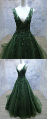 Green Beaded and Lace V-neckline Low Back Long Party Dresses, Green Evening Dress Party Dresses