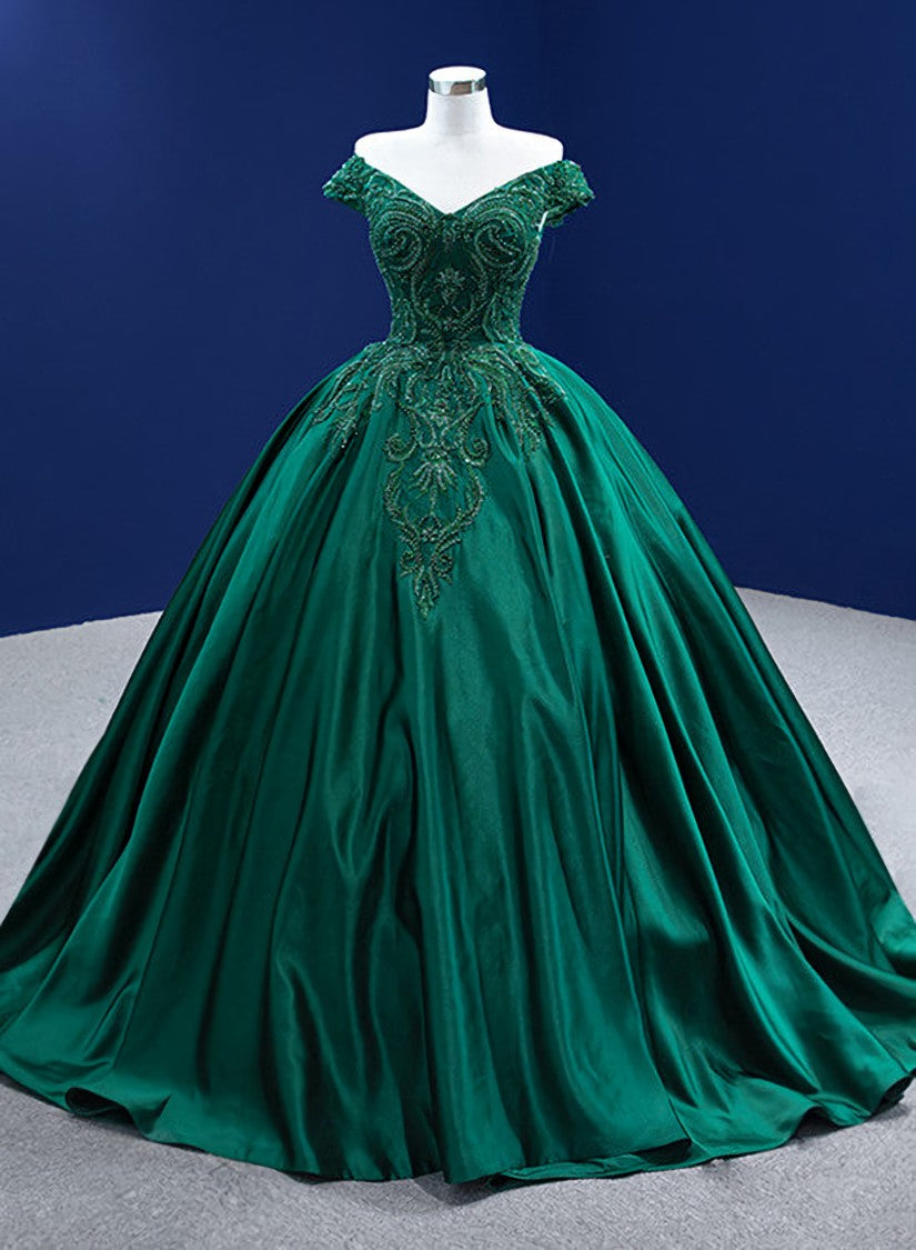 Green Satin Beaded Off Shoulder Long Formal Gown, Green Sweet 16 Dresses