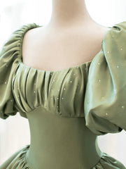 Green Satin Puffy Sleeves Long Formal Dress, Green Satin Prom Dress Party Dress