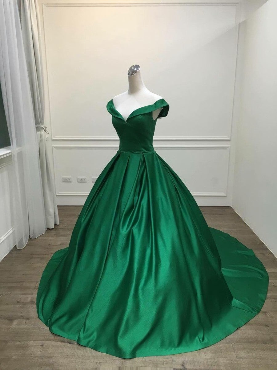 Green Satin Sweetheart Ball Gown Party Dress, Green Off Shoulder Evening Dress Prom Dress