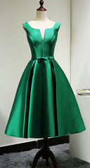 Green Satin Tea Length Bridesmaid Dress, Lovely Green Homecoming Dress