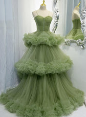 Green Tulle Layers Straps Sweetheart Long Evening Dress Party Dress, Green Formal Dress