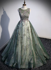 Green Tulle Round Neckline Long Party Dress, Green Lace Prom Dress