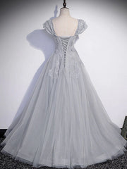 Grey A-line Tulle Short Sleeves Long Formal Dress, Grey Tulle Lace Party Dress Prom Dress