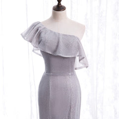 Grey One Shoulder Lace-up Shiny Long Prom Dress Party Dress, Grey Long Evening Dresses