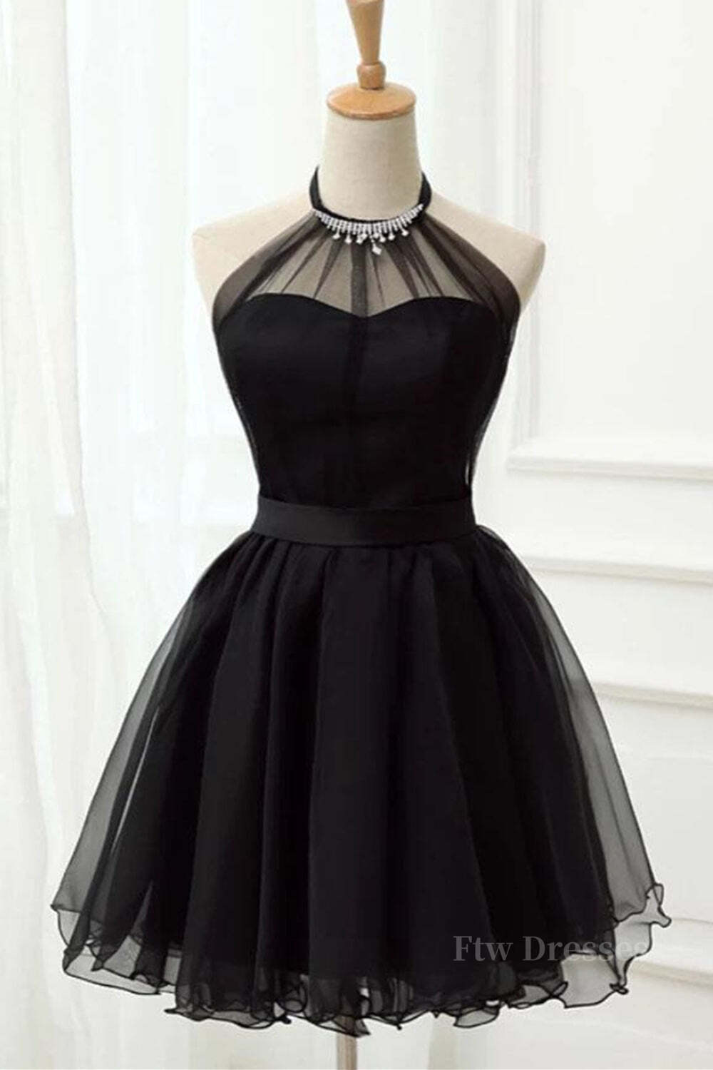 Halter Neck Backless Black Short Prom Dress, Open Back Black Homecoming Dress