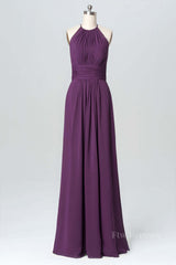 Halter Purple Chiffon A-line Long Bridesmaid Dress