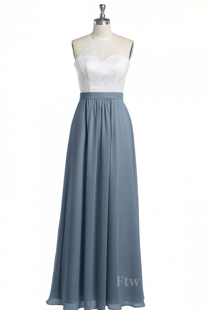 Halter White Lace and Dusty Blue Chiffon Long Bridesmaid Dress