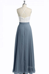 Halter White Lace and Dusty Blue Chiffon Long Bridesmaid Dress