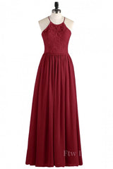 Halter Wine Red Lace and Chiffon Long Bridesmaid Dress