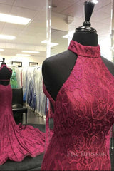 High Neck Backless Burgundy Lace long Prom Dress, Long Burgundy Lace Formal Evening Dress, Burgundy Ball Gown
