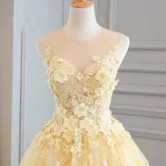 High Quality Lace Yellow Long Party Gown, A-line Evening Dress