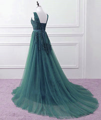 Hunter Green Tulle V-neckline Long Party Dress, Dark Green A-line Prom Dress