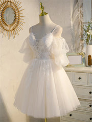 Ivory Spaghetti Strap V-neck Lace Homecoming Dress, Tulle Short Prom Dress