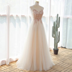 Ivory V-neckline Floor Length Tulle Prom Dress, Beaded Formal Dress Evening Dress