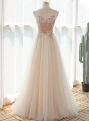 Ivory V-neckline Floor Length Tulle Prom Dress, Beaded Formal Dress Evening Dress