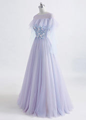 Lavender Off Shoulder Flower Lace Long Party Dress, A-line Purple Prom Dress Formal Dress