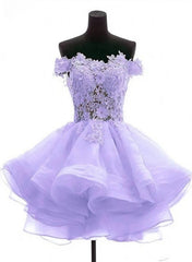 Lavender Off Shoulder Lace Sweetheart Homecoming Dresses, Light Purple Party Dress