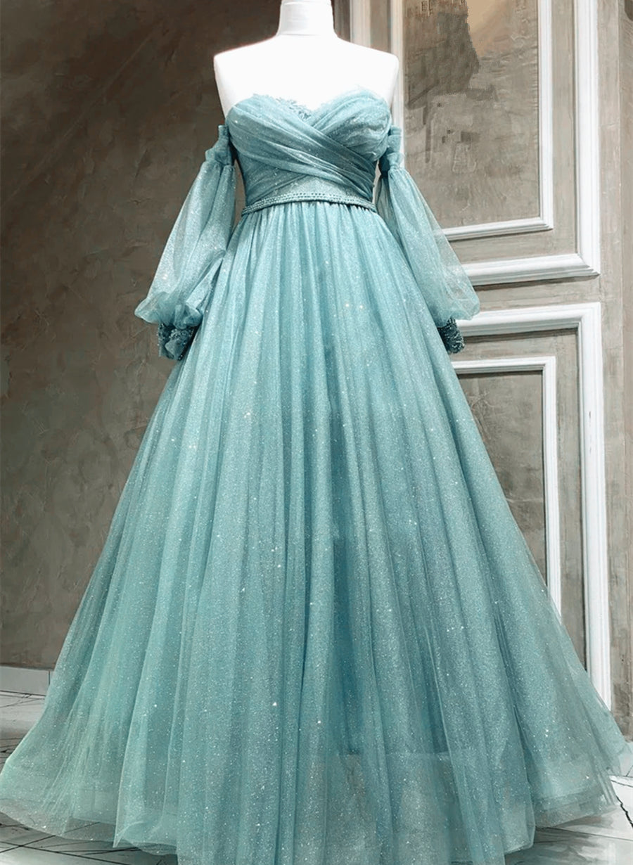Light Blue A-line Long Sleeves Party Dress with Lace, Sweetheart Long Prom Dress