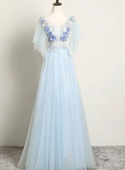 Light Blue Flower Lace V-neckline Puffy Sleeves Long Party Dress, Blue Prom Dress Evening Dress