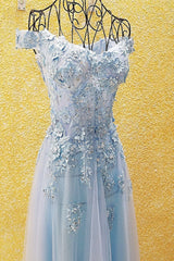 Light Blue Off Shoulder Long Party Dress with Flowers, Tulle Blue Evening Dress Prom Dress