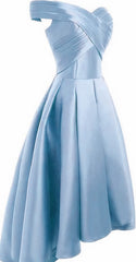 Light Blue Satin Off Shoulder High Low Party Dress Homecoming Dresses, Short Prom Dress