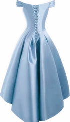 Light Blue Satin Off Shoulder High Low Party Dress Homecoming Dresses, Short Prom Dress
