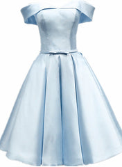 Light Blue Satin Off Shoulder Knee Length Homeoming Dress, Blue Short Prom Dress