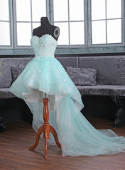 Light Blue Sweetheart Lace Applique High Low Party Dress, Blue Homecoming Dress