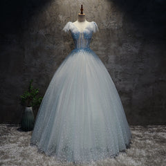 Light Blue Tulle Long Party Dress Formal Dress, Blue Tulle Formal Dress with Flowers