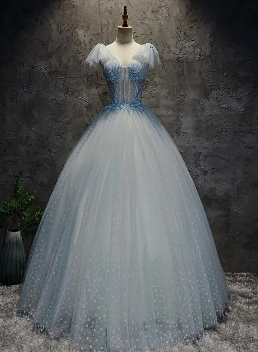 Light Blue Tulle Long Party Dress Formal Dress, Blue Tulle Formal Dress with Flowers