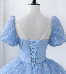 Light Blue Tulle Short Sleeves Long Formal Dress, Blue Sweet 16 Dress