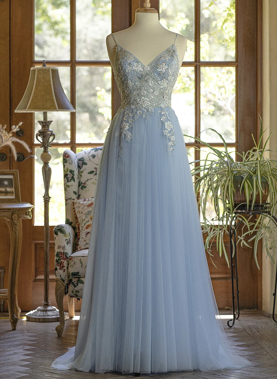Light Blue Tulle V-neckline Straps with Lace Long Party Dress, Blue A-line Prom Dress