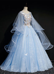 Light Blue with Flowers and Butterflies Formal Dress, Blue Sweet 16 Dresses