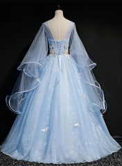 Light Blue with Flowers and Butterflies Formal Dress, Blue Sweet 16 Dresses