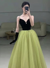 Light Green and Black Beaded Straps Long Party Dress, Green Tulle Evening Dress Prom Dress