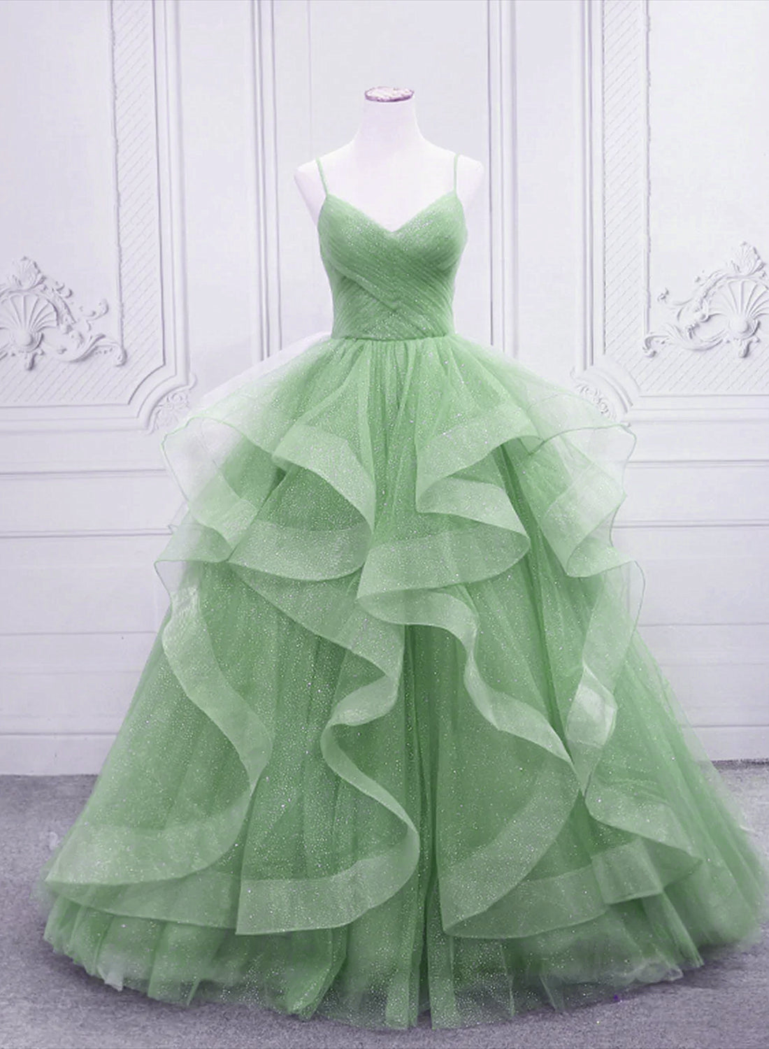 Light Green Layers Tulle Straps Long Formal Dress, Light Green Sweet 16 Gown