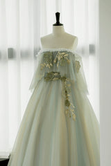 Light Green Off Shoulder Tulle with Lace Long Prom Dress, A-line Green Party Dress
