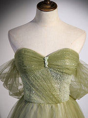 Light Green Sweetheart Tulle Beaded Party Dress, Green Long Prom Dress