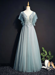 Light Green Tulle Long Party Dress, Green Lace Low Back Prom Dress Evening Dress